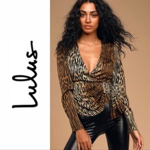 Lulu’s Brown Tiger Print Long Sleeve V-Neck Top / Small NWT